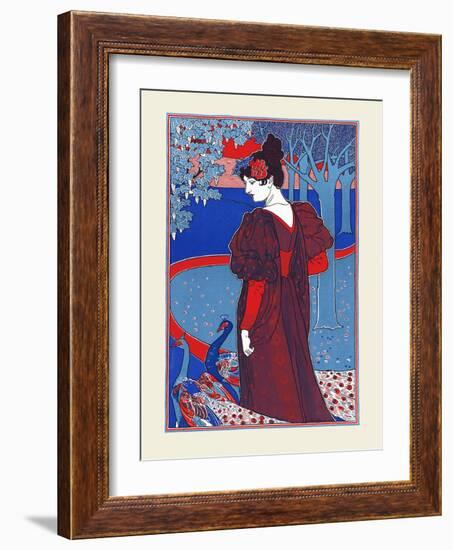 A Woman Stands Looking at Two Peacocks-Louis Rhead-Framed Art Print