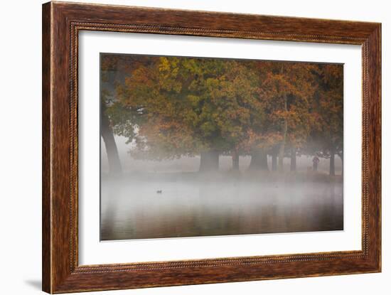 A Woman with Her Dog Stands by a Mist Shrouded Pond in Richmond Park in Autumn-Alex Saberi-Framed Photographic Print