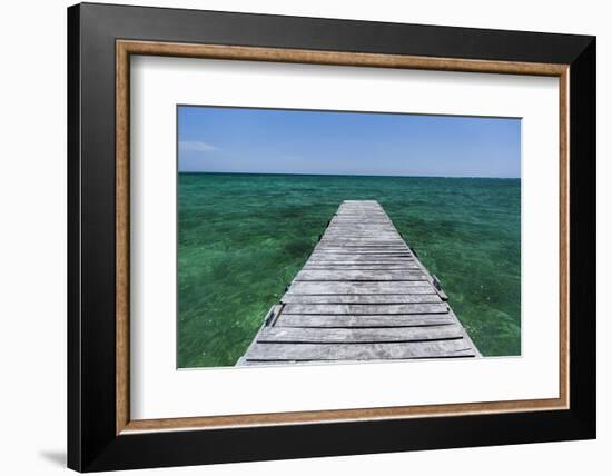 A Wood Dock in the Foreground with Clear Green Water and Blue Skies Near the Isle of Youth, Cuba-James White-Framed Photographic Print