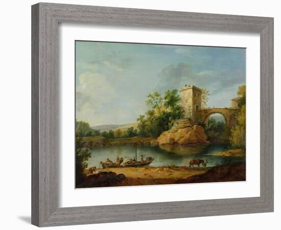 A Wooded Italianate River Landscape with Peasants in a Barge and a Bridge Beyond-William Marlow-Framed Giclee Print