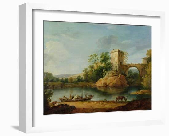 A Wooded Italianate River Landscape with Peasants in a Barge and a Bridge Beyond-William Marlow-Framed Giclee Print