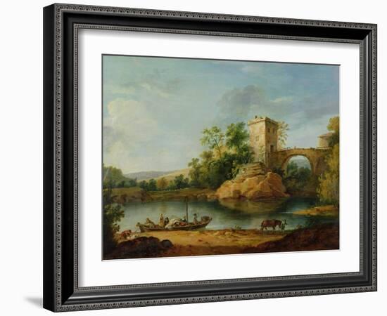 A Wooded Italianate River Landscape with Peasants in a Barge and a Bridge Beyond-William Marlow-Framed Giclee Print