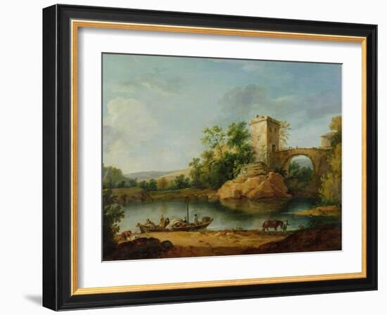 A Wooded Italianate River Landscape with Peasants in a Barge and a Bridge Beyond-William Marlow-Framed Giclee Print