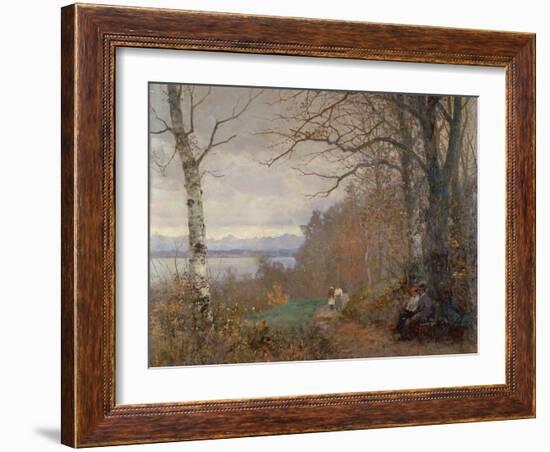 A Wooded lake Landscape with Figures seated on a Bench-Anders Andersen-Lundby-Framed Giclee Print