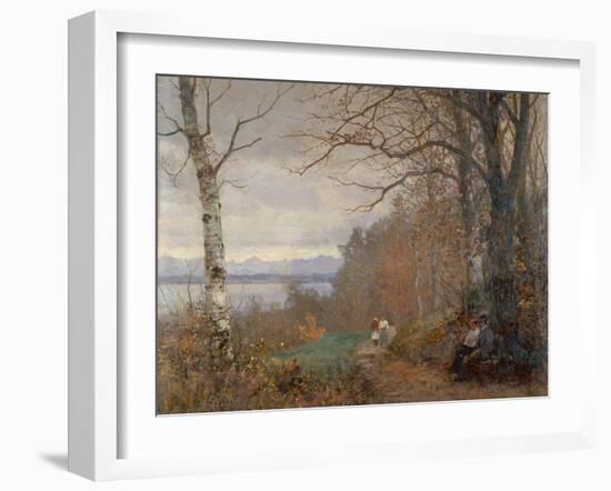 A Wooded lake Landscape with Figures seated on a Bench-Anders Andersen-Lundby-Framed Giclee Print