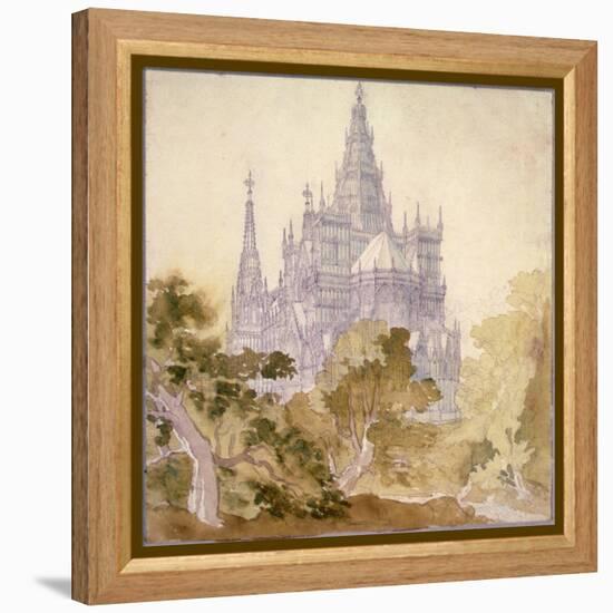 A Wooded Landscape with a Gothic Church (Pencil, Ink and W/C)-Karl Friedrich Schinkel-Framed Premier Image Canvas