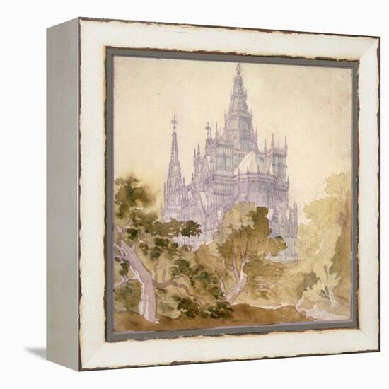 A Wooded Landscape with a Gothic Church (Pencil, Ink and W/C)-Karl Friedrich Schinkel-Framed Premier Image Canvas