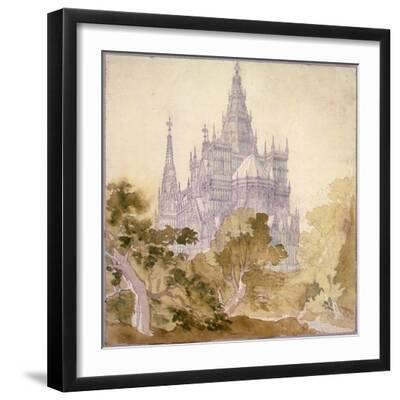 A Wooded Landscape with a Gothic Church Throw Pillow by Karl