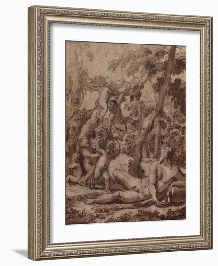 A Wooded Landscape with a River God and Putti pen and ink-Nicolas Poussin-Framed Giclee Print