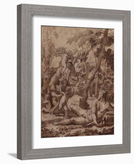 A Wooded Landscape with a River God and Putti pen and ink-Nicolas Poussin-Framed Giclee Print