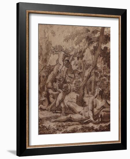 A Wooded Landscape with a River God and Putti pen and ink-Nicolas Poussin-Framed Giclee Print