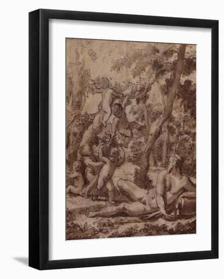 A Wooded Landscape with a River God and Putti pen and ink-Nicolas Poussin-Framed Giclee Print