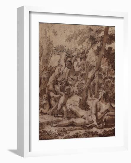 A Wooded Landscape with a River God and Putti pen and ink-Nicolas Poussin-Framed Giclee Print