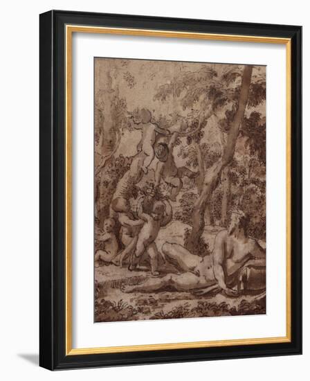 A Wooded Landscape with a River God and Putti pen and ink-Nicolas Poussin-Framed Giclee Print