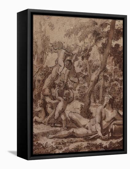 A Wooded Landscape with a River God and Putti pen and ink-Nicolas Poussin-Framed Premier Image Canvas