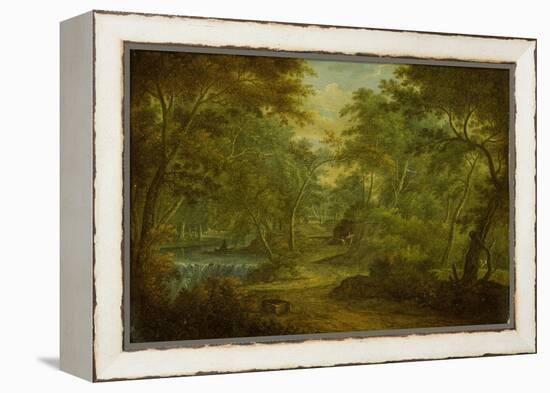 A Wooded Landscape with a Stream and a Fisherman-Thomas Smith of Derby-Framed Premier Image Canvas