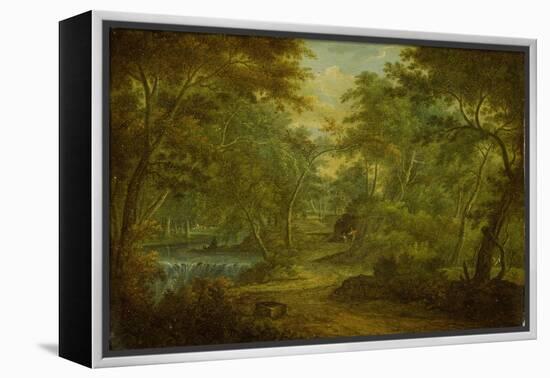 A Wooded Landscape with a Stream and a Fisherman-Thomas Smith of Derby-Framed Premier Image Canvas