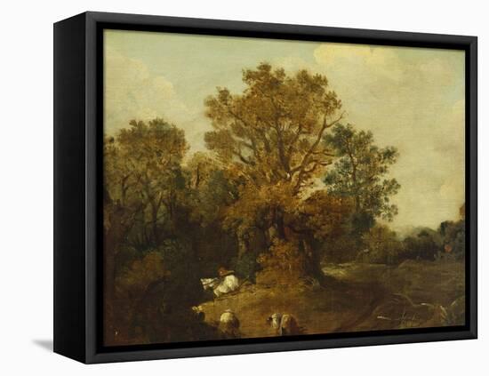 A Wooded Landscape with Faggot Gatherers by a Path, a White Horse Tethered Beyond-Thomas Gainsborough-Framed Premier Image Canvas