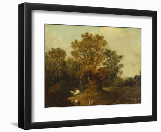A Wooded Landscape with Faggot Gatherers by a Path, a White Horse Tethered Beyond-Thomas Gainsborough-Framed Giclee Print