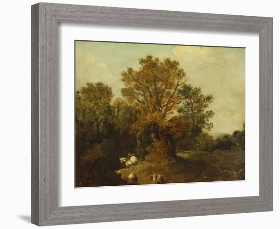 A Wooded Landscape with Faggot Gatherers by a Path, a White Horse Tethered Beyond-Thomas Gainsborough-Framed Giclee Print