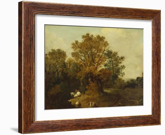 A Wooded Landscape with Faggot Gatherers by a Path, a White Horse Tethered Beyond-Thomas Gainsborough-Framed Giclee Print