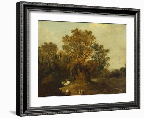 A Wooded Landscape with Faggot Gatherers by a Path, a White Horse Tethered Beyond-Thomas Gainsborough-Framed Giclee Print