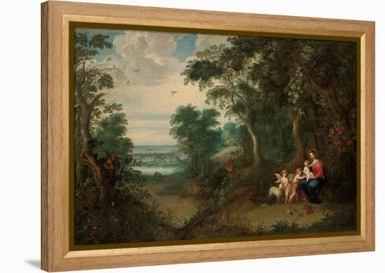 A Wooded Landscape with the Virgin and Child, Infant St. John the Baptist and an Angel-Jan Brueghel the Younger-Framed Premier Image Canvas