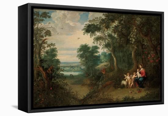 A Wooded Landscape with the Virgin and Child, Infant St. John the Baptist and an Angel-Jan Brueghel the Younger-Framed Premier Image Canvas