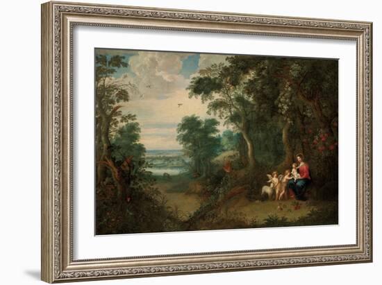 A Wooded Landscape with the Virgin and Child, Infant St. John the Baptist and an Angel-Jan Brueghel the Younger-Framed Giclee Print