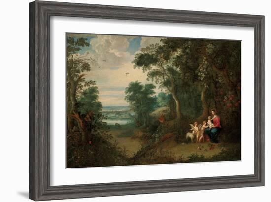 A Wooded Landscape with the Virgin and Child, Infant St. John the Baptist and an Angel-Jan Brueghel the Younger-Framed Giclee Print