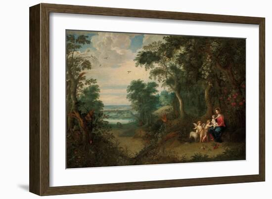 A Wooded Landscape with the Virgin and Child, Infant St. John the Baptist and an Angel-Jan Brueghel the Younger-Framed Giclee Print