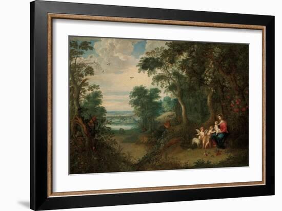 A Wooded Landscape with the Virgin and Child, Infant St. John the Baptist and an Angel-Jan Brueghel the Younger-Framed Giclee Print
