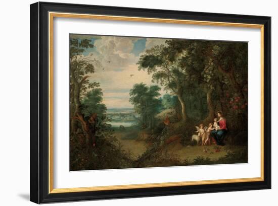 A Wooded Landscape with the Virgin and Child, Infant St. John the Baptist and an Angel-Jan Brueghel the Younger-Framed Giclee Print