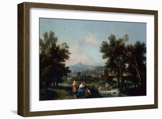 A Wooded Landscape with Washerwomen by a River-Francesco Zuccarelli-Framed Giclee Print