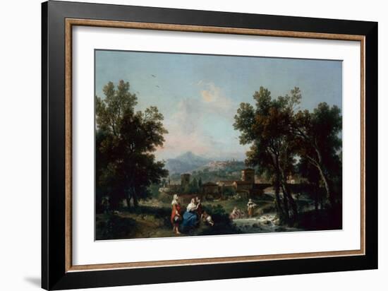 A Wooded Landscape with Washerwomen by a River-Francesco Zuccarelli-Framed Giclee Print