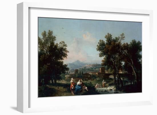 A Wooded Landscape with Washerwomen by a River-Francesco Zuccarelli-Framed Giclee Print