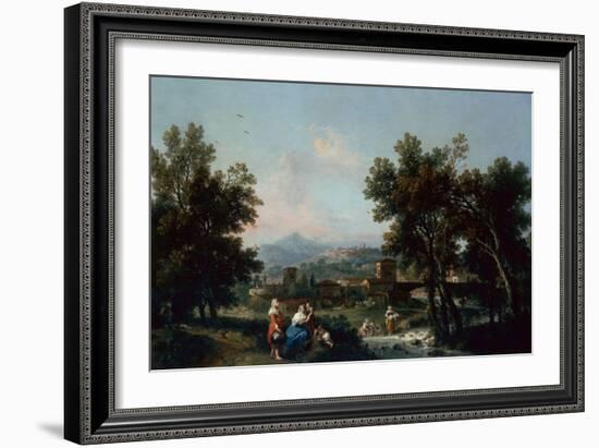A Wooded Landscape with Washerwomen by a River-Francesco Zuccarelli-Framed Giclee Print