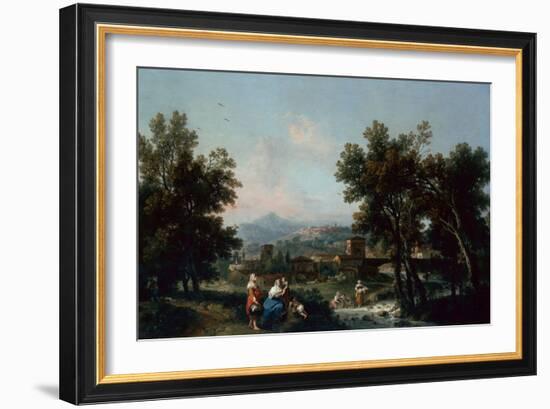 A Wooded Landscape with Washerwomen by a River-Francesco Zuccarelli-Framed Giclee Print