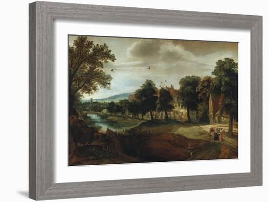 A Wooded River Landscape, with Village Buildings and Abraham and the Three Angels-Joseph Bail-Framed Giclee Print
