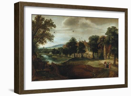 A Wooded River Landscape, with Village Buildings and Abraham and the Three Angels-Joseph Bail-Framed Giclee Print