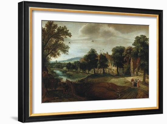 A Wooded River Landscape, with Village Buildings and Abraham and the Three Angels-Joseph Bail-Framed Giclee Print