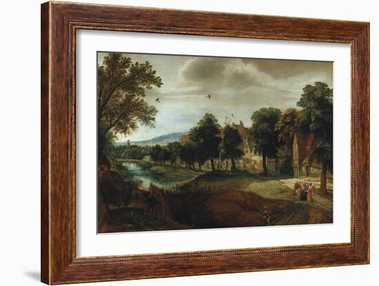 A Wooded River Landscape, with Village Buildings and Abraham and the Three Angels-Joseph Bail-Framed Giclee Print