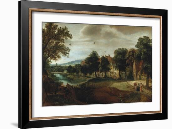 A Wooded River Landscape, with Village Buildings and Abraham and the Three Angels-Joseph Bail-Framed Giclee Print