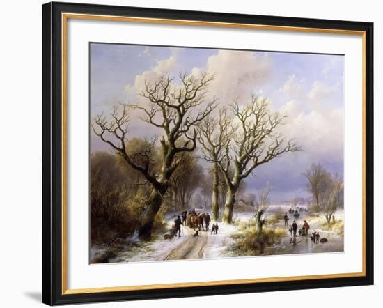 A Wooded Winter Landscape with Figures, 1863-E.J. Verboeckhoven and J.B. Klombeck-Framed Giclee Print