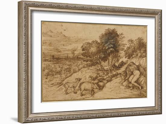 A Woody Landscape with a Nude Woman, Her Head Concealed by a Cloak-Titian (Tiziano Vecelli)-Framed Giclee Print