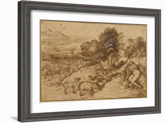 A Woody Landscape with a Nude Woman, Her Head Concealed by a Cloak-Titian (Tiziano Vecelli)-Framed Giclee Print