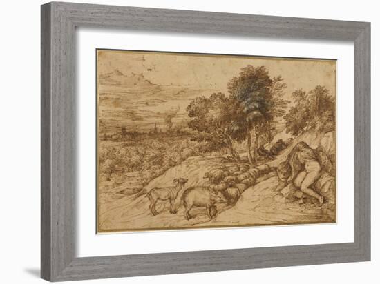 A Woody Landscape with a Nude Woman, Her Head Concealed by a Cloak-Titian (Tiziano Vecelli)-Framed Giclee Print