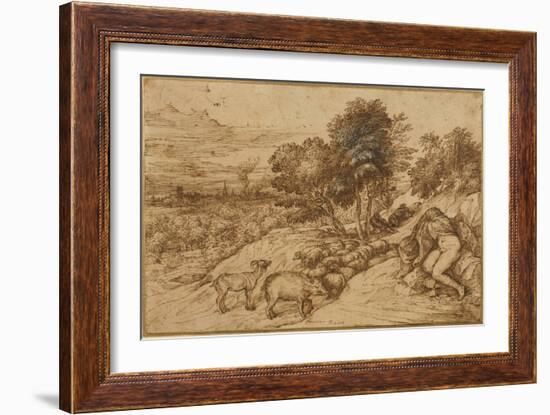 A Woody Landscape with a Nude Woman, Her Head Concealed by a Cloak-Titian (Tiziano Vecelli)-Framed Giclee Print