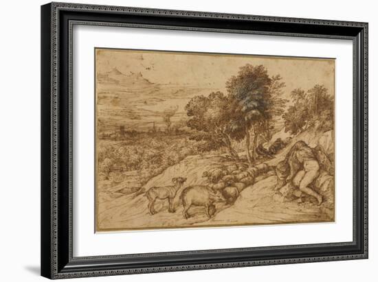 A Woody Landscape with a Nude Woman, Her Head Concealed by a Cloak-Titian (Tiziano Vecelli)-Framed Giclee Print