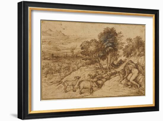 A Woody Landscape with a Nude Woman, Her Head Concealed by a Cloak-Titian (Tiziano Vecelli)-Framed Giclee Print